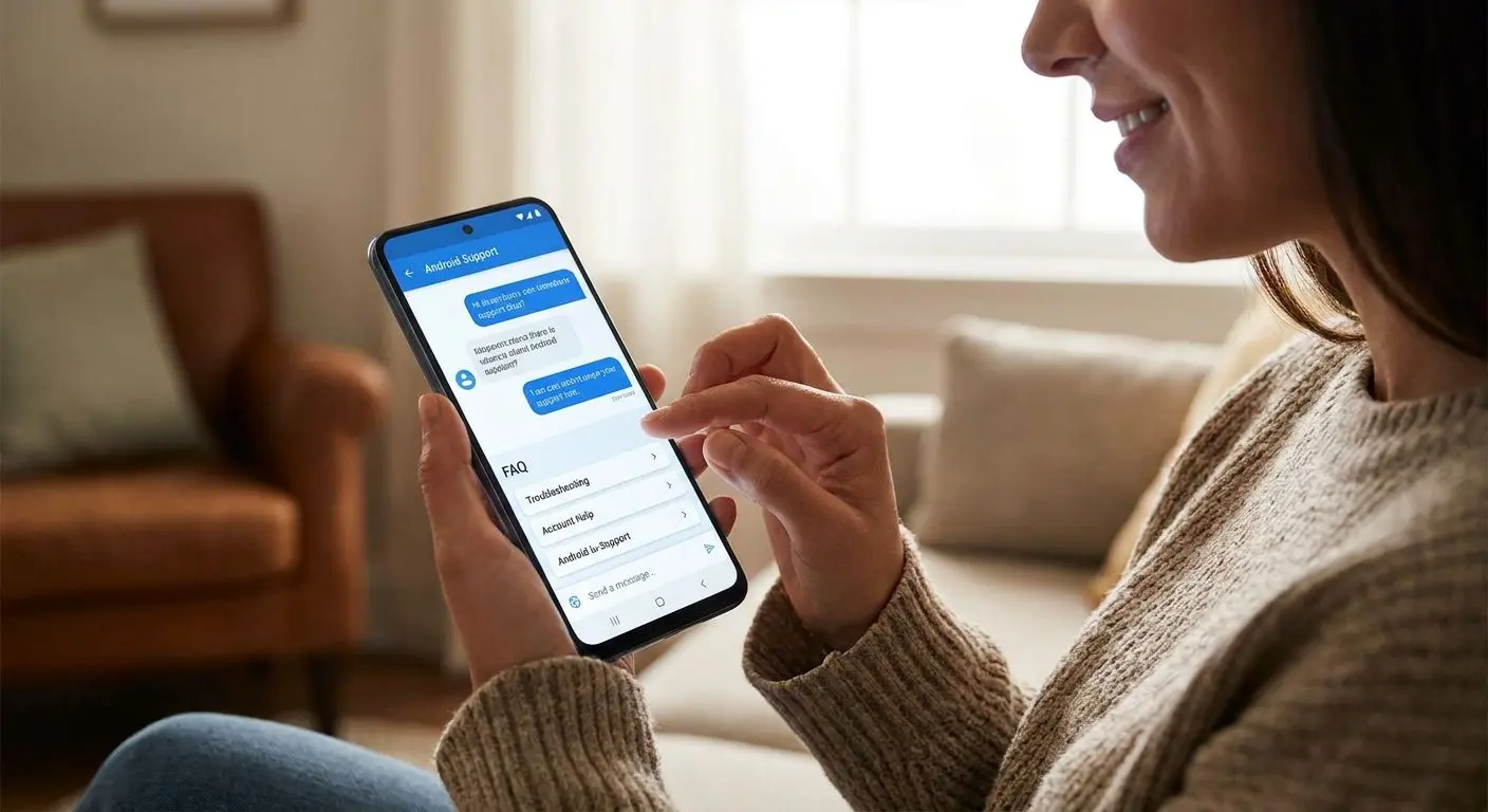 Android user reading support chat and help centre on smartphone