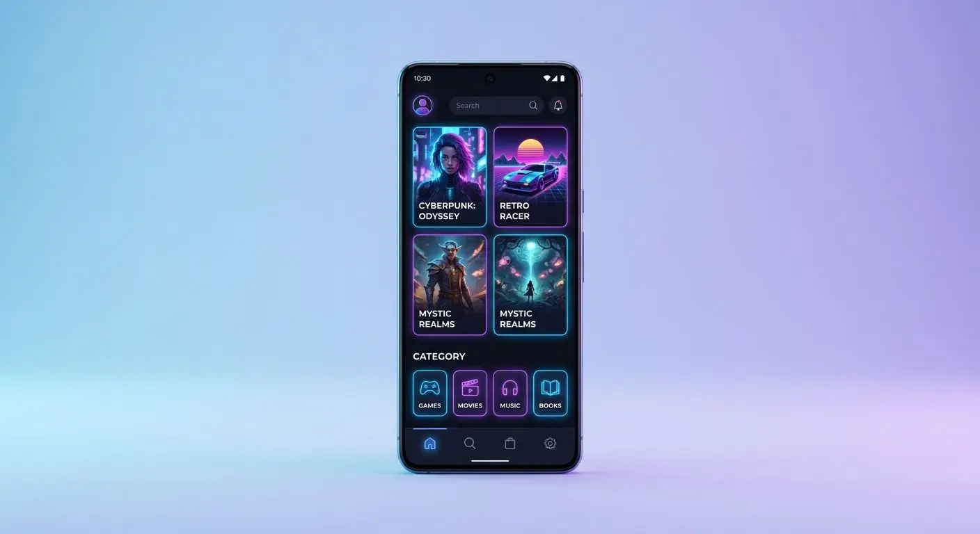 PlayOJO Android app interface preview Android app interface with game list on a smartphone screen
