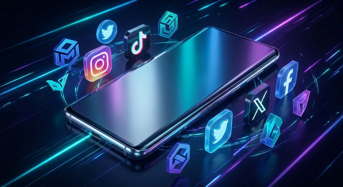 PlayOJO Android and social media connection Android phone with social media icons around it