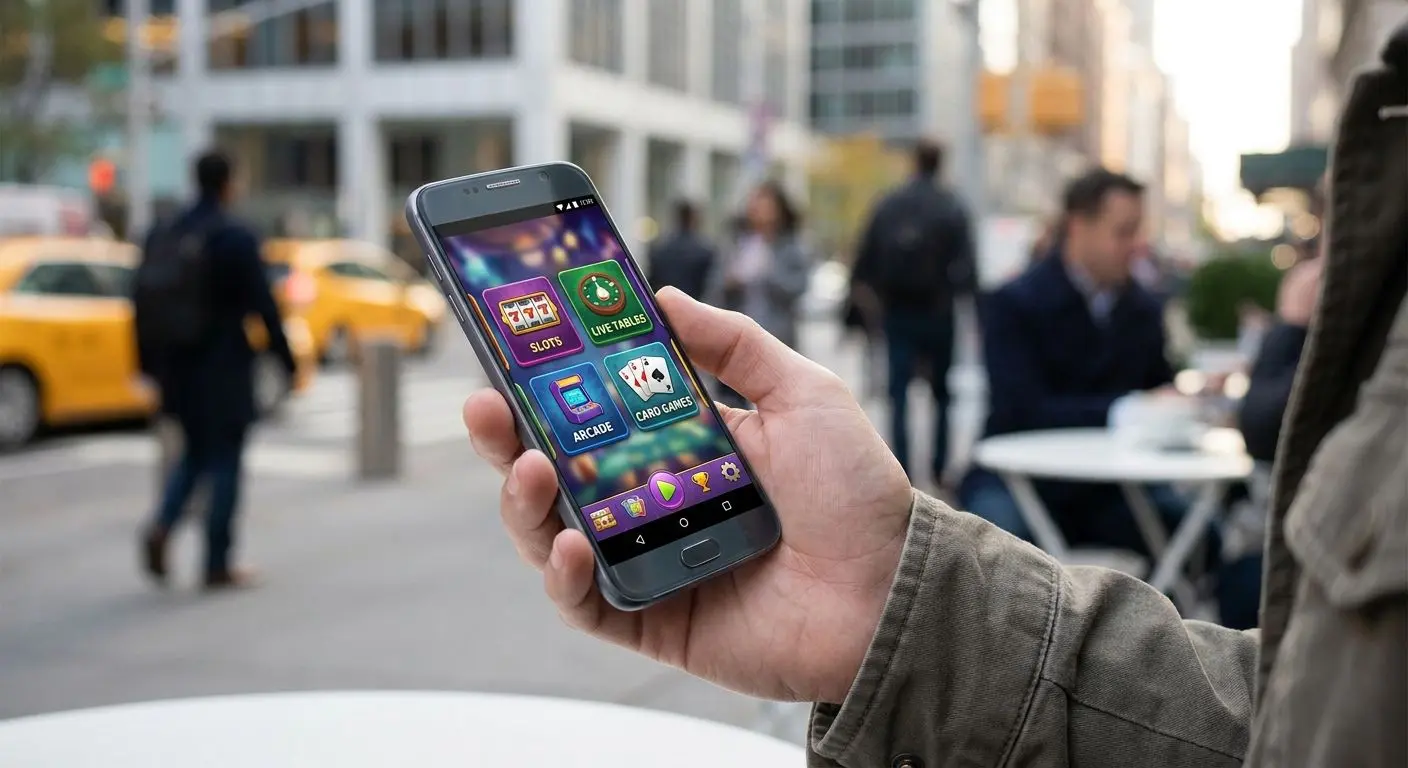 Android phone with mobile gaming lobby on screen held in hand