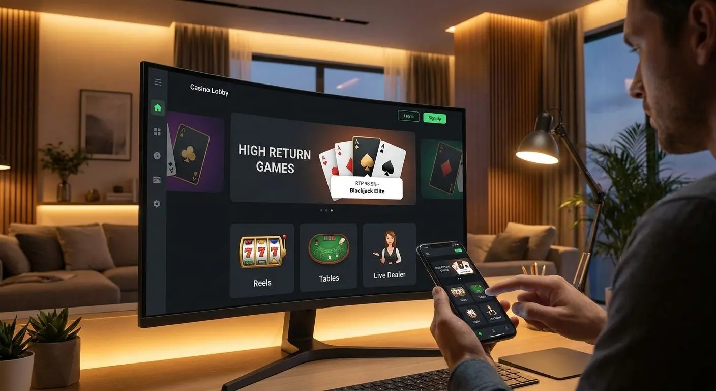 Player selects a high payout game on mobile and desktop
