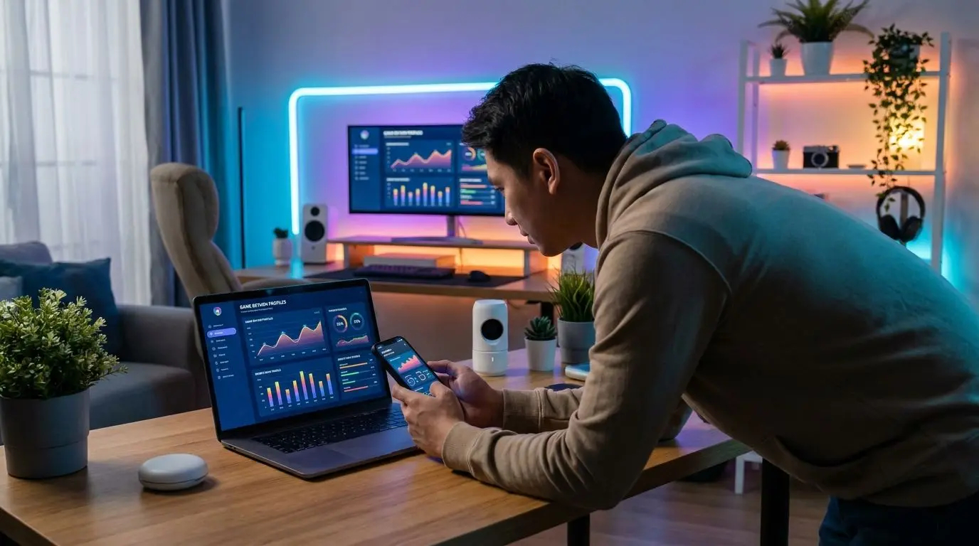 User compares payouts on laptop and smartphone