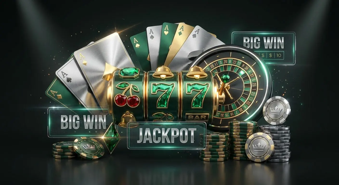 Collage of slots, cards, and roulette-style elements for payout-friendly game types