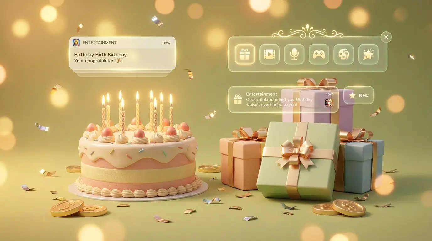 Birthday-themed reward illustration with cake, gift and festive bonus elements
