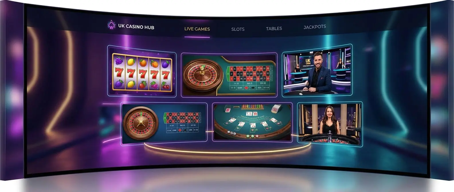 Assorted game categories including slots roulette blackjack and live tables