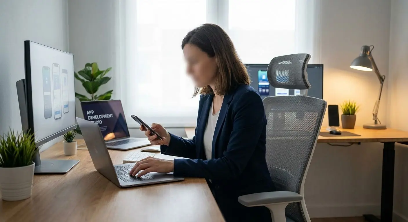Fictional expert reviewing a mobile app on phone and laptop