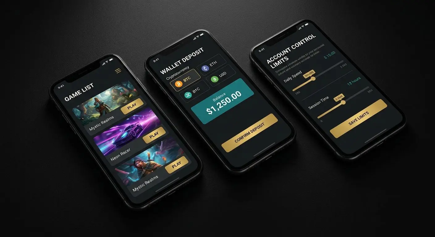 Mobile app screens showing games wallet and account limit controls