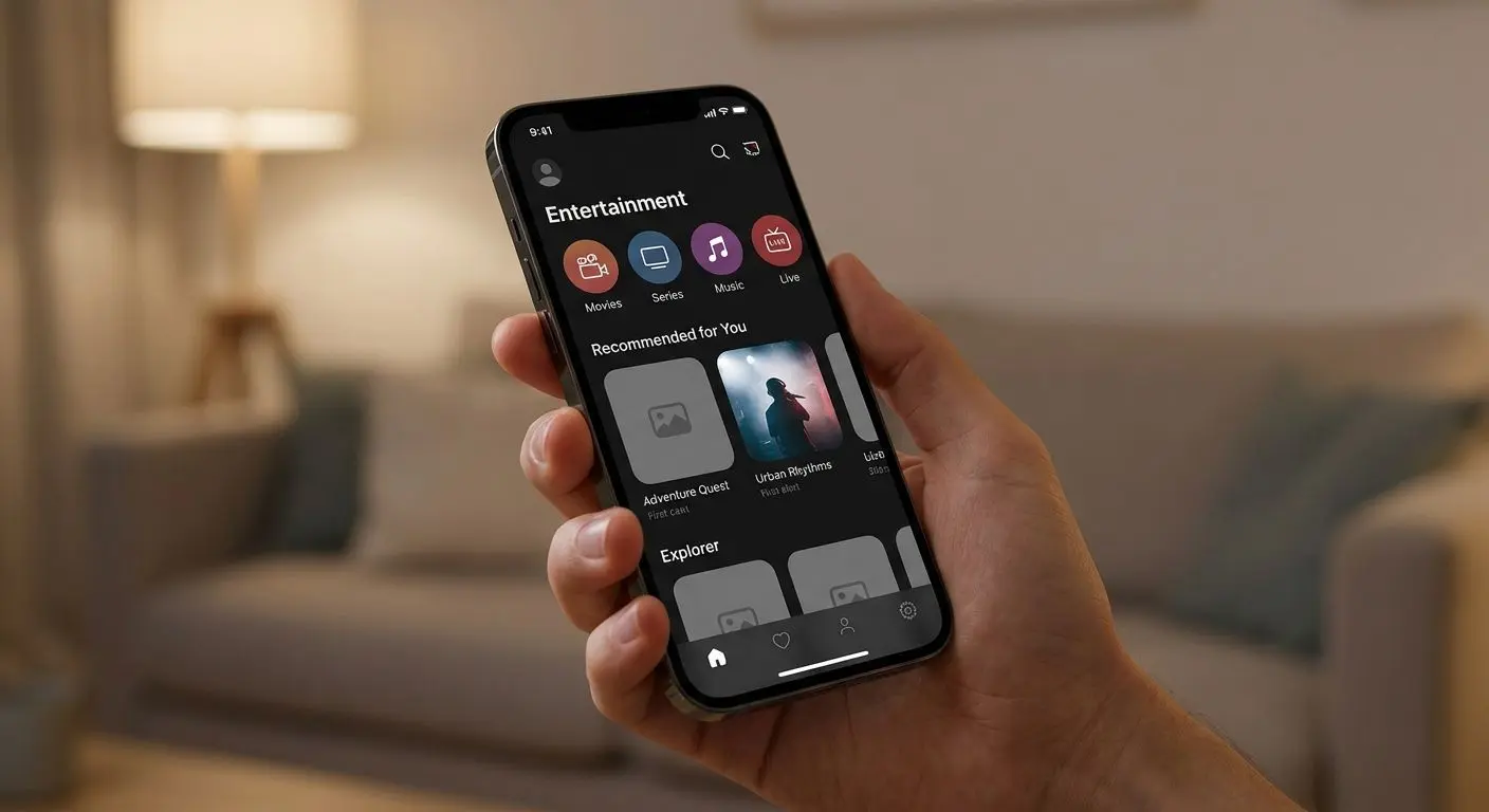Hand holding a phone with a mobile app interface open
