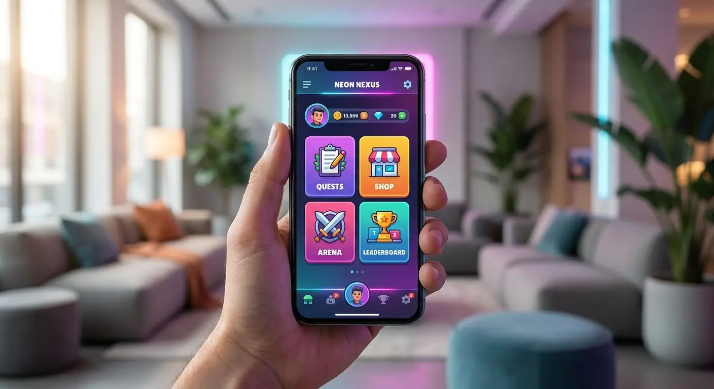 Hand holding a phone with a mobile gaming lobby on screen