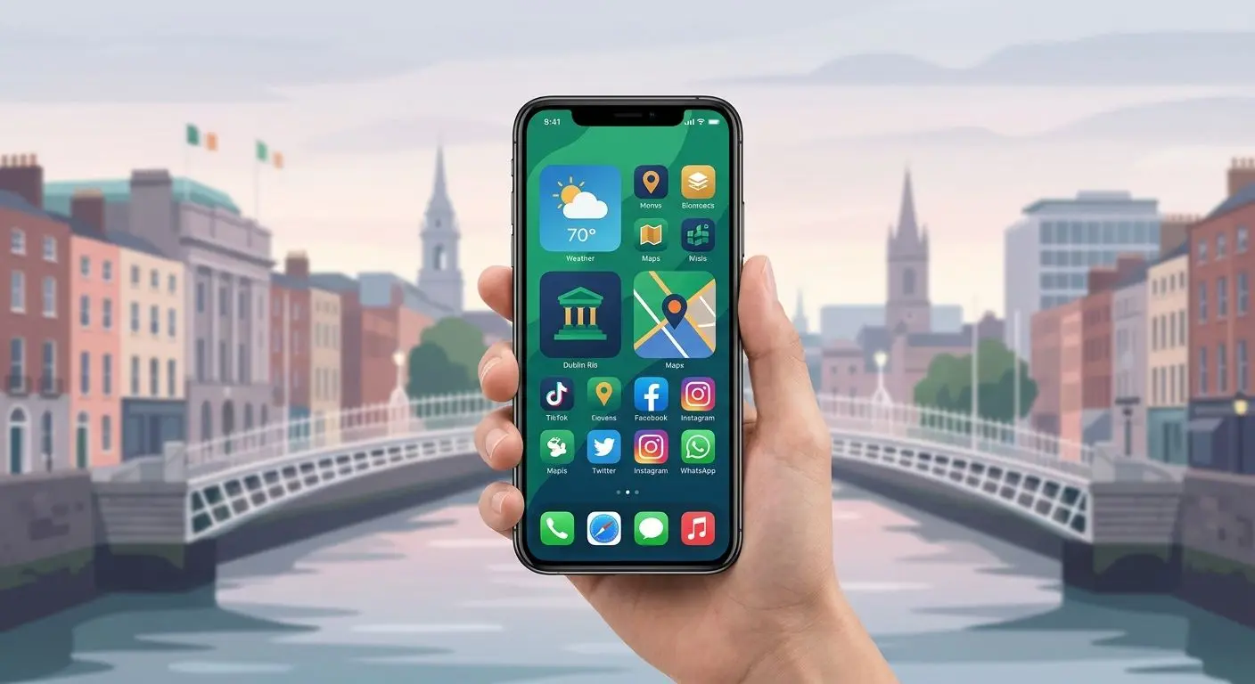 Smartphone with mobile app interface and Irish city backdrop