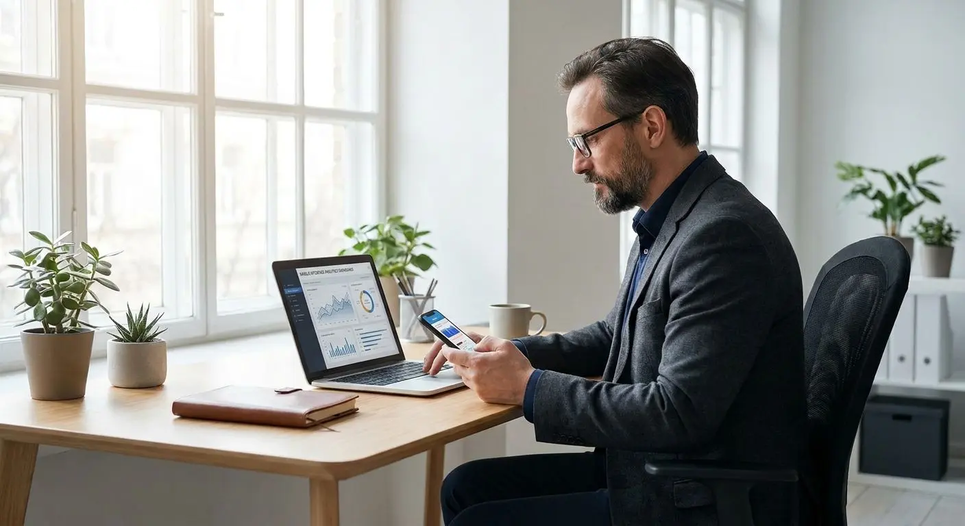 Fictional mobile industry analyst working at desk with laptop and phone