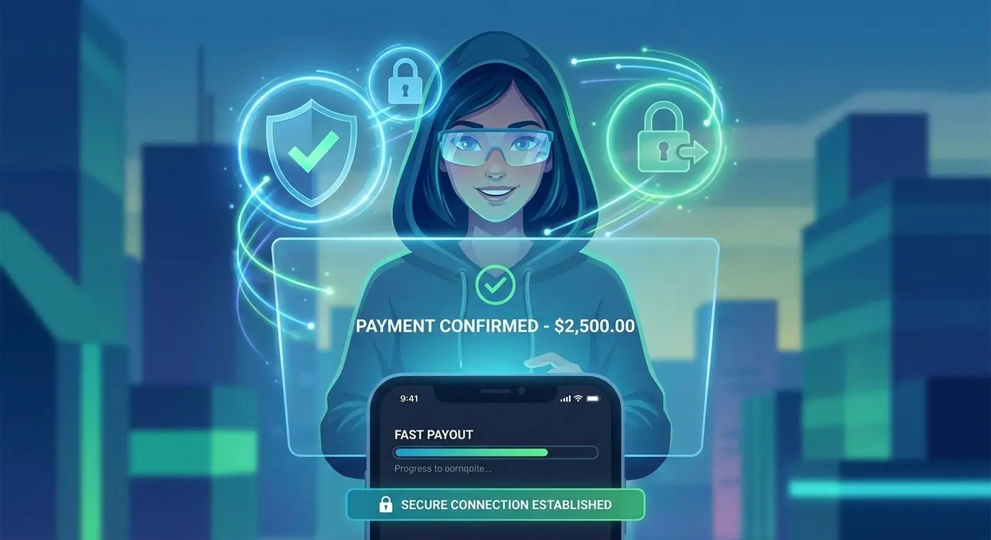 Safe and fast payout illustration with security symbols