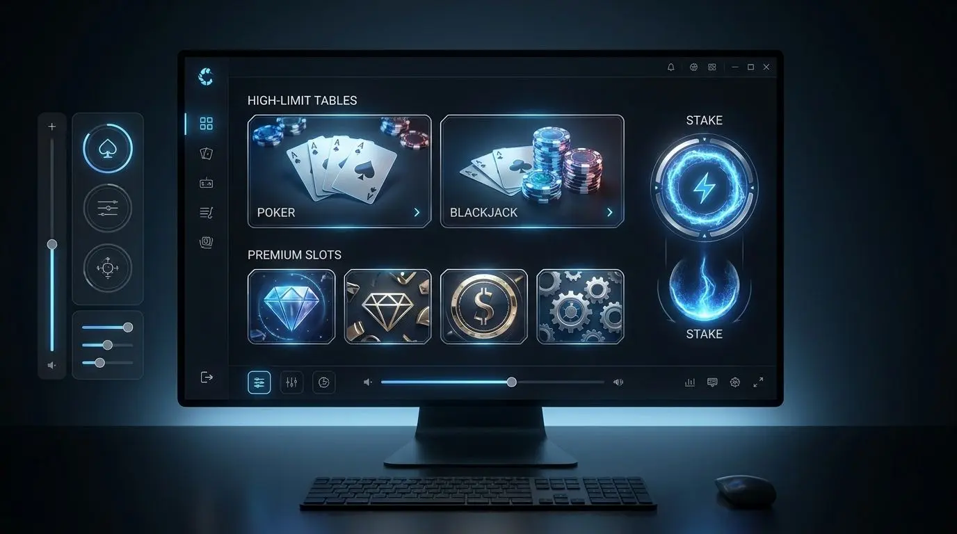 Modern online gaming interface with high limit tables and premium slot selection