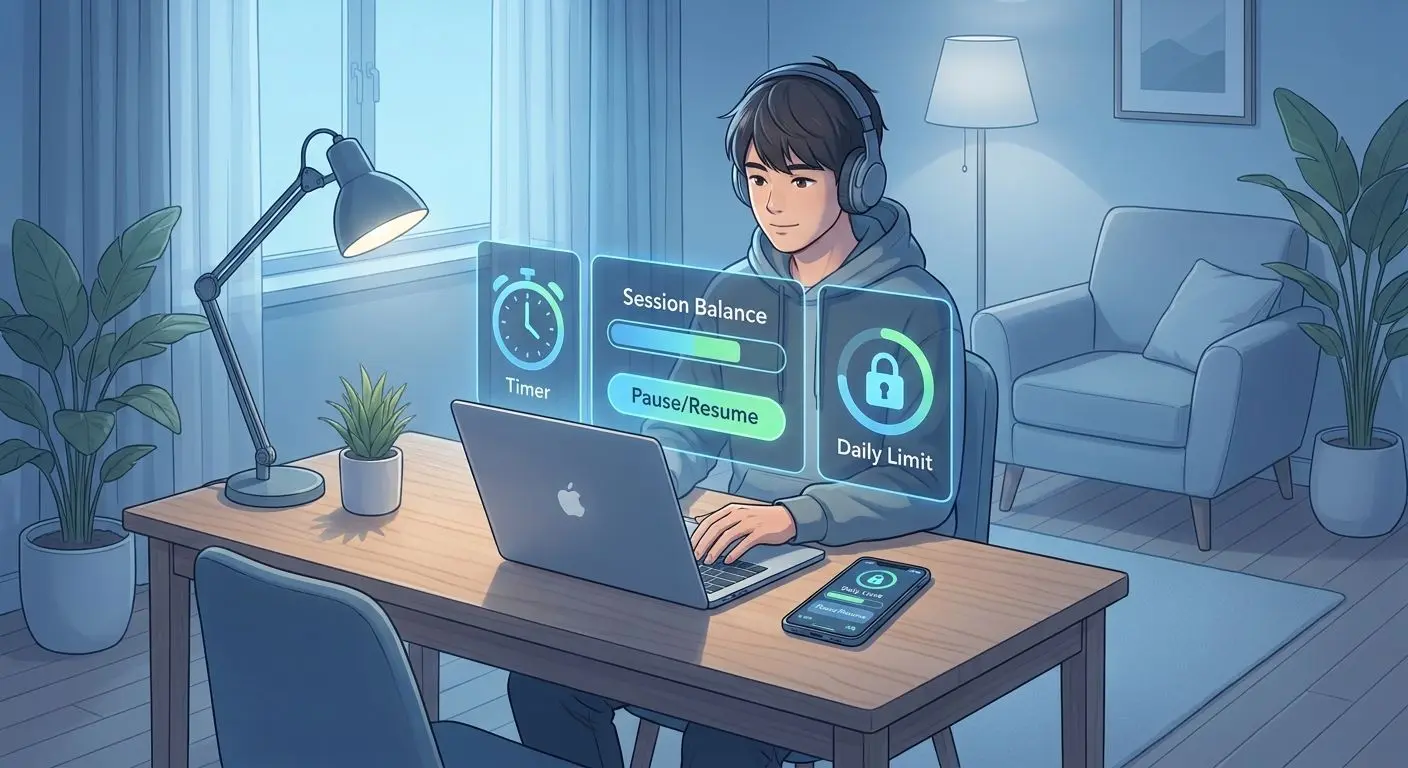 Player using session controls and balance tools on laptop and mobile device