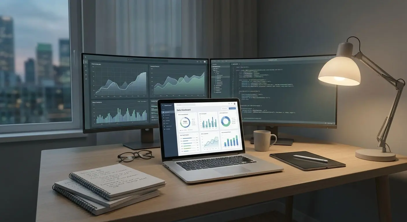 Expert-themed illustration with analyst workspace and digital screens
