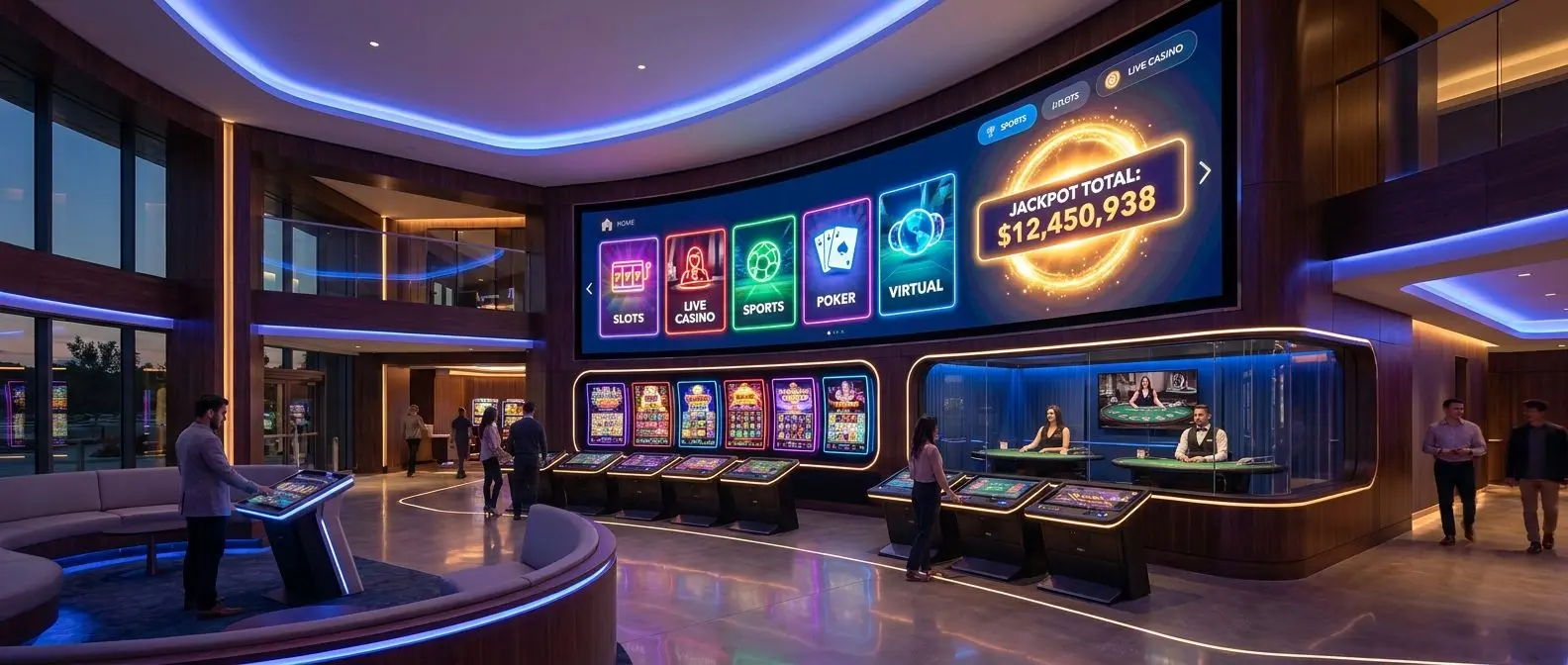 Online gaming lobby interface with slots, live games and jackpot categories