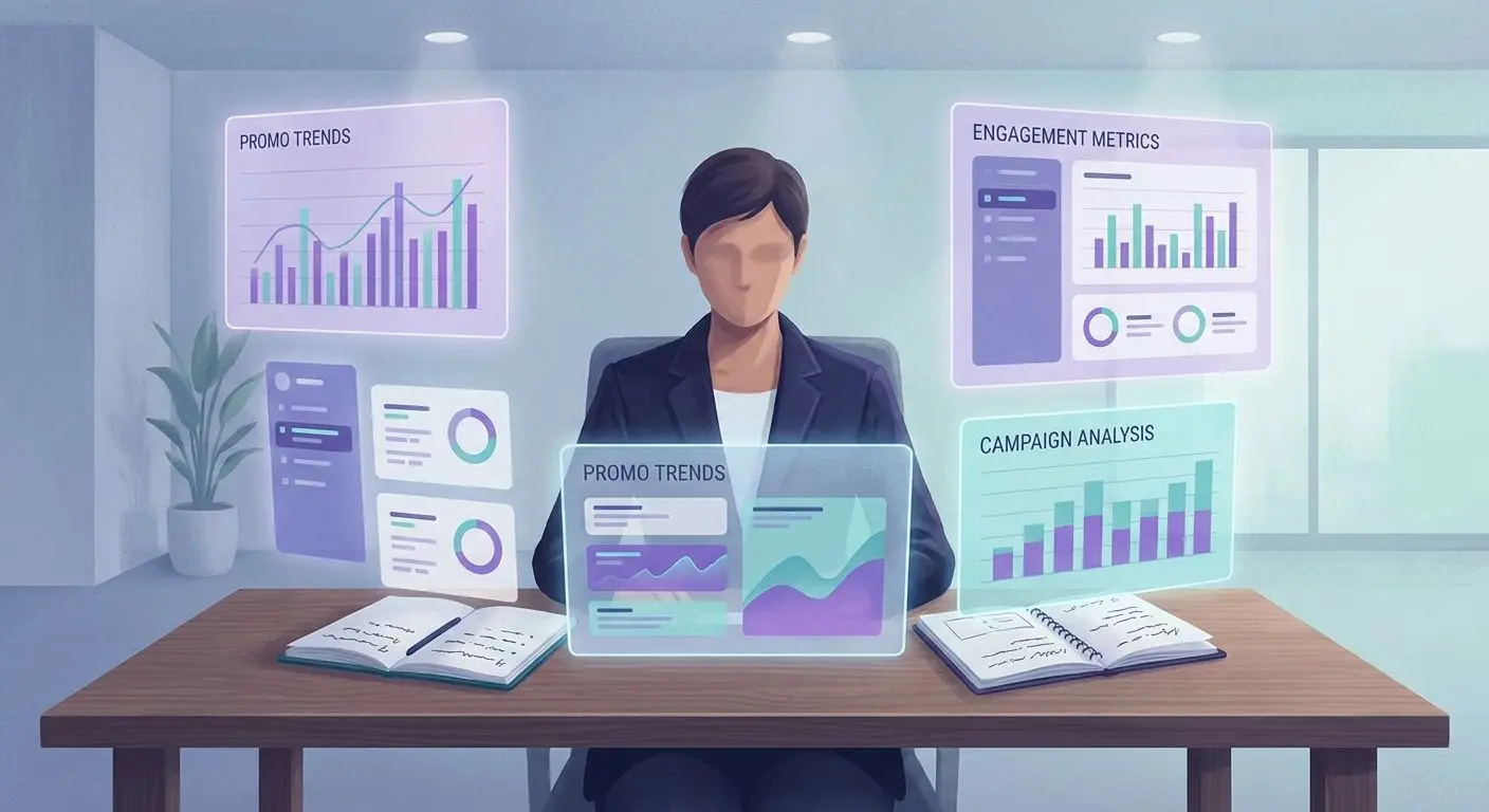 Author and promotions analysis concept Fictional analyst reviewing promotional data on screens