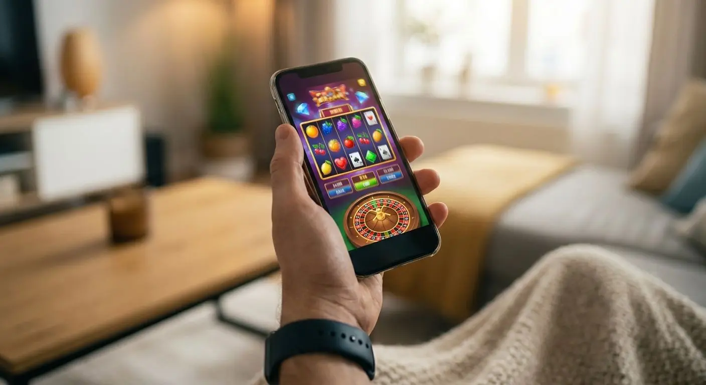 Mobile game view on a smartphone Hand holding phone with a mobile game interface