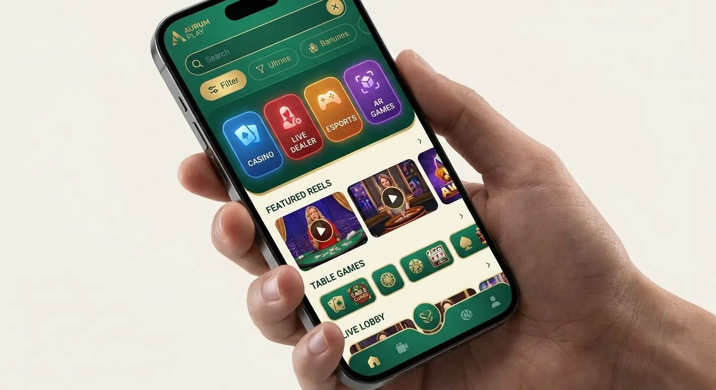 Mobile lobby interface on smartphone with search filters and game categories