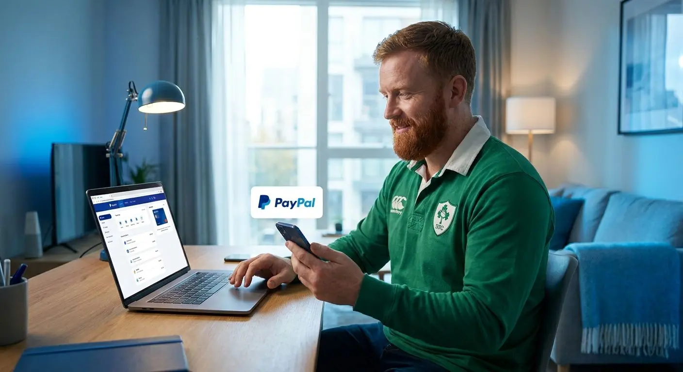 Irish player using PayPal on PlayOJO with laptop and phone