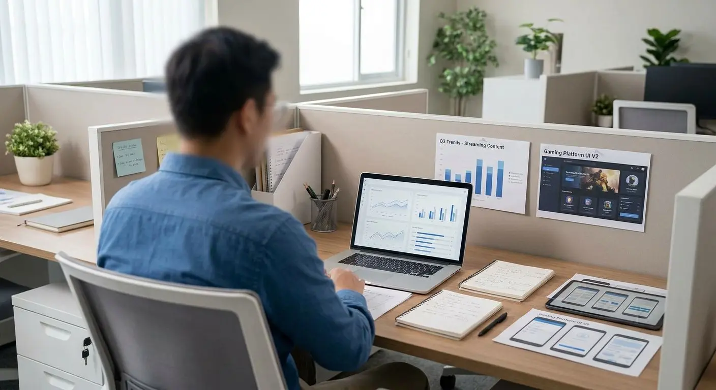 Fictional analyst reviewing online gaming data at a desk