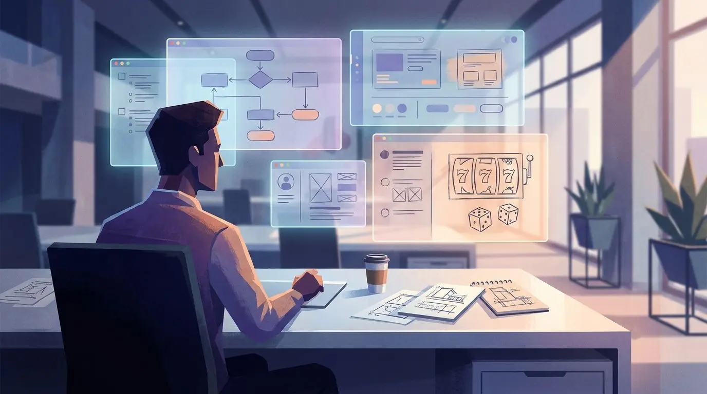 Editorial illustration of a gaming content analyst reviewing slot interfaces