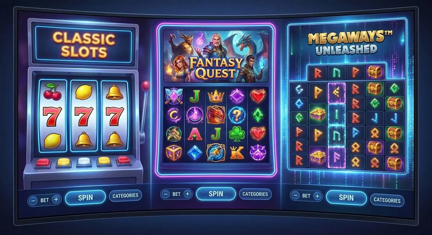 Different slot types on one screen including classic fruit, video slot and Megaways-style layout
