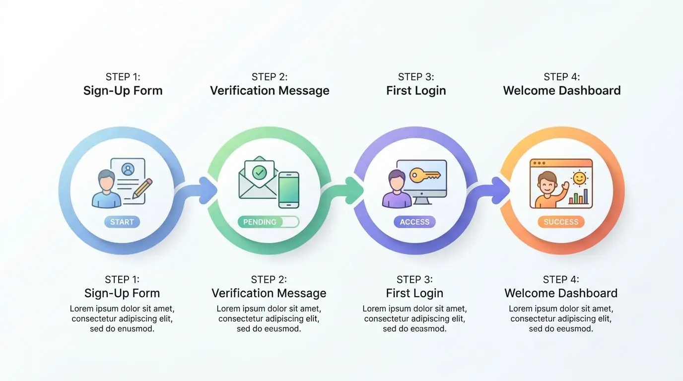 Step-by-step sign-up journey with simple icons