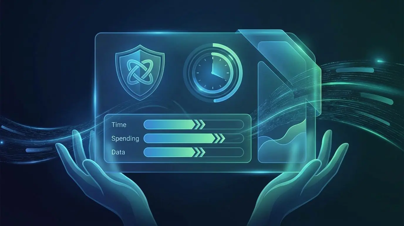 Illustration of responsible play tools with limits, timer, and account protection symbols