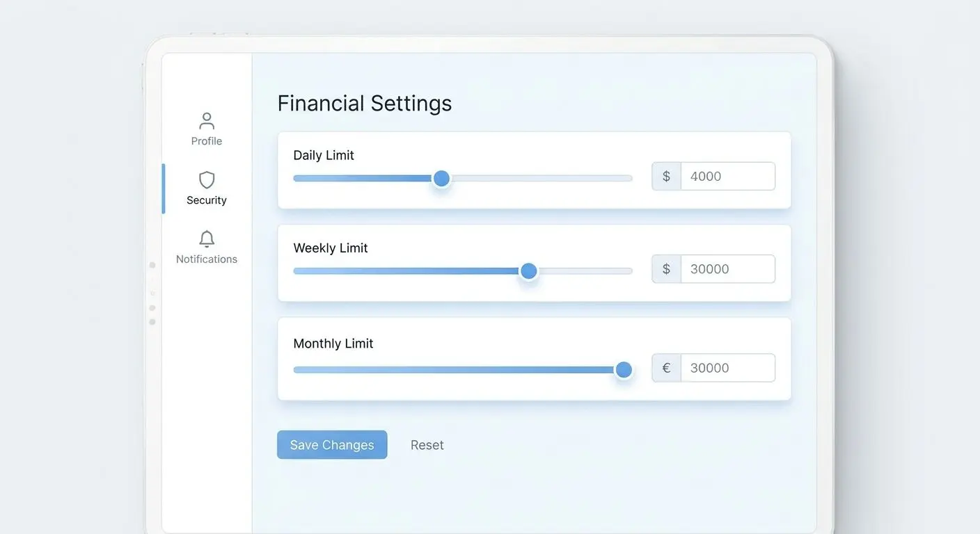 Generic settings screen for daily weekly and monthly money limits