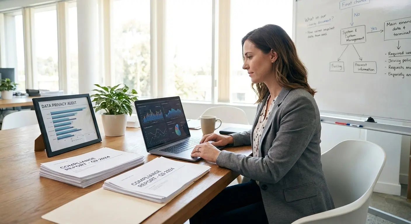 Fictional compliance analyst working on privacy documentation at a laptop