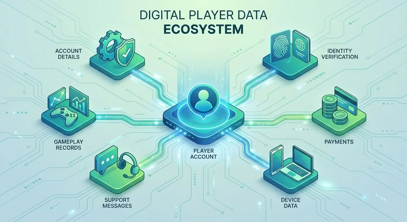 Data map showing types of personal data linked to a player account