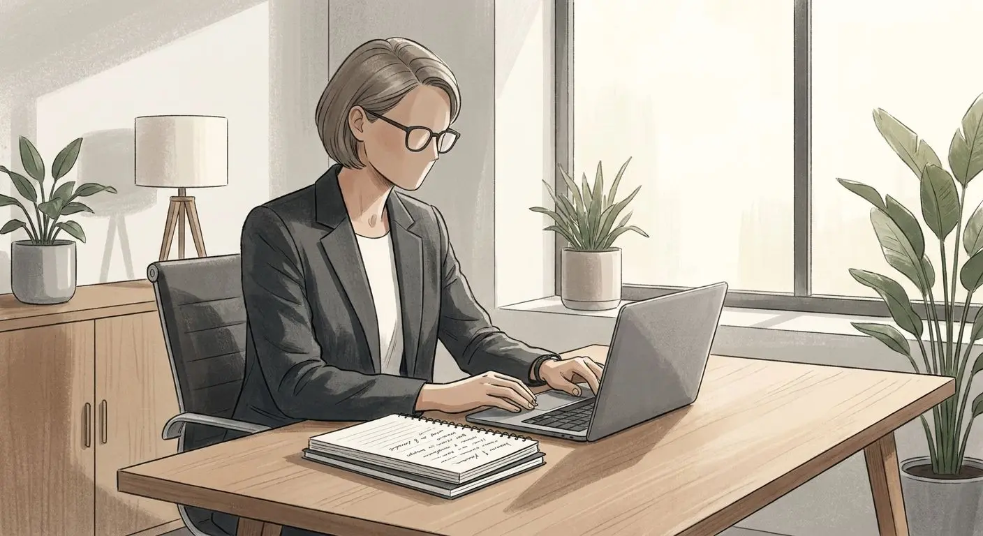 Fictional support analyst working at a desk