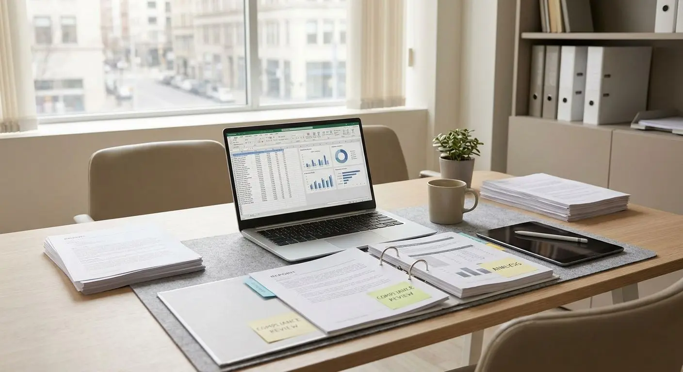 Analytical workspace with policy documents and charts