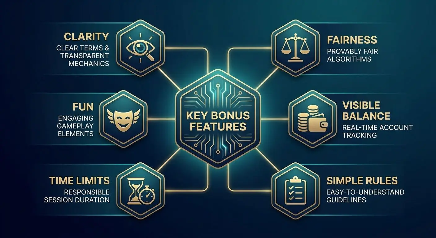 Infographic of key welcome bonus features with clarity and fairness icons