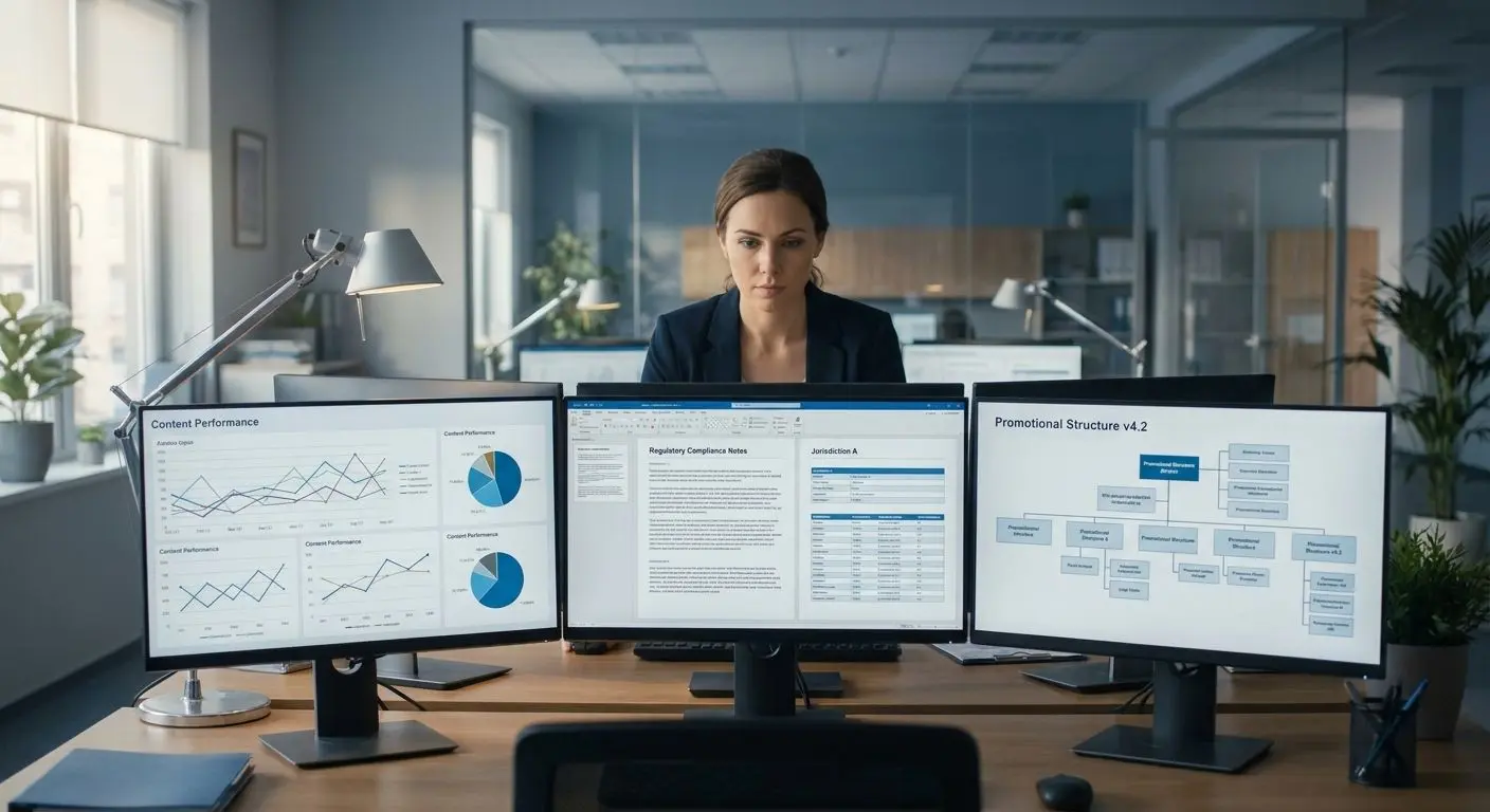 Fictional iGaming analyst reviewing bonus terms at a workstation