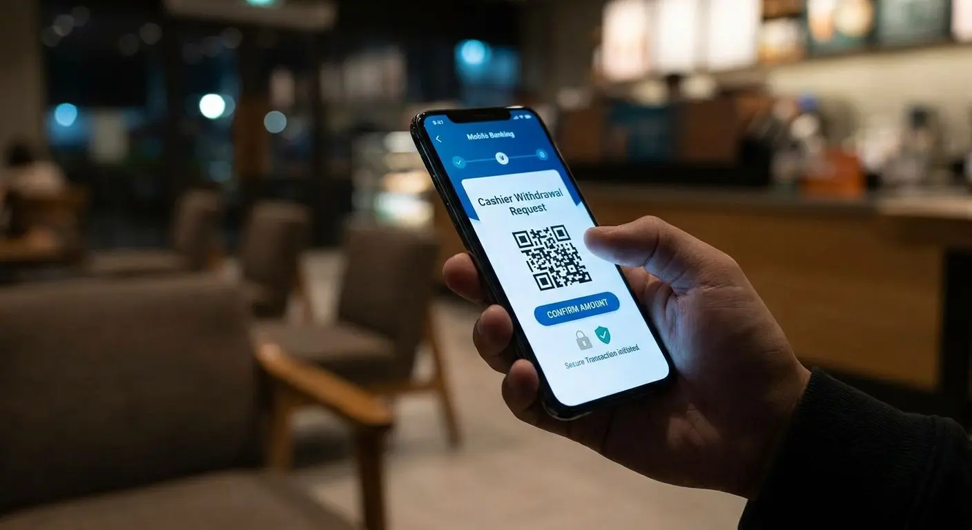 Mobile withdrawal request on smartphone cashier screen