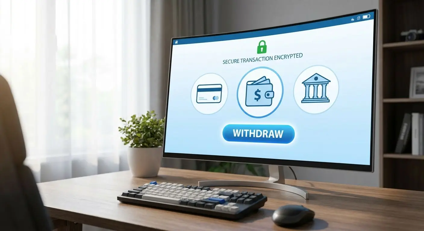 Desktop withdrawal screen with payment method icons